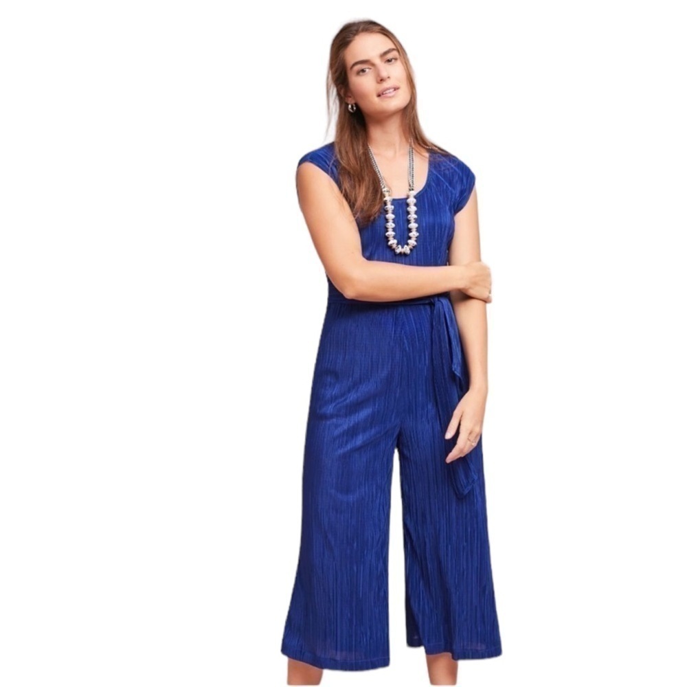 Maeve Anthropologie Sonata Cropped Wide Leg Pleated Jumpsuit Attached Belt Royal